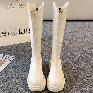 ฤดูใบไม้ร่วงมาใหม่ รองเท้าอัศวินวินเทจที่เรียบง่าย รองเท้าบูทสูงแฟชั่นผู้หญิง ซิปหลัง V-port รองเท้าบูทยาว วัสดุ PU ส้นหนา2.36นิ้ว/6ซม