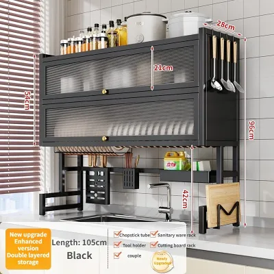 OUTDOORMORE Kitchen Carbon Steel Double Layer Cabinet Rack Multifunctional Sink Rack With Cabinet Door