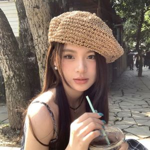 XINGG39 Handmade Straw Beret Crochet Summer Weave Cap Popular Hollow Painter Hat Female