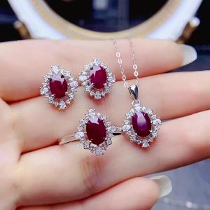 FS 5*7mm Natural Ruby Fine Jewelry Set Certificate for Women S925 Sterling Silver Ring Pendant Earrings 3-Piece Weddings MeiBaPJ