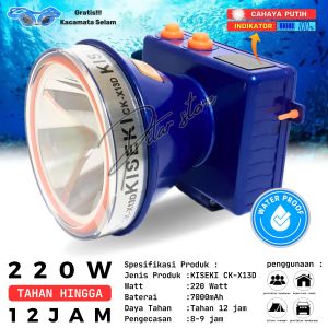Senter Kepala Selam Kiseki CK-X13D Gratis Kacamata Selam + Tasbih Digital | Headlamp Diving Cahaya Putih Super Terang Baterai Lithium 7000mAh Tahan 12 Jam Waterproof
