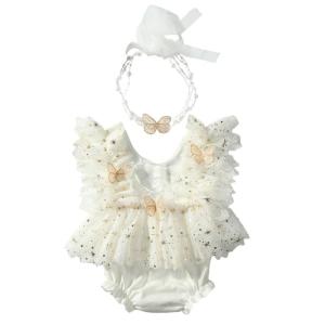 Elegant Lace Butterfly Photography Romper for Newborns Girls Soft Polyester Baby Photoshoots Dress Outfit 0-1 Month