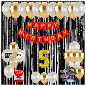 Paket Set Dekorasi Pesta Ulang Tahun Anak Banner Happy Birthday Merah Balon Putih Gold Ultah Simple