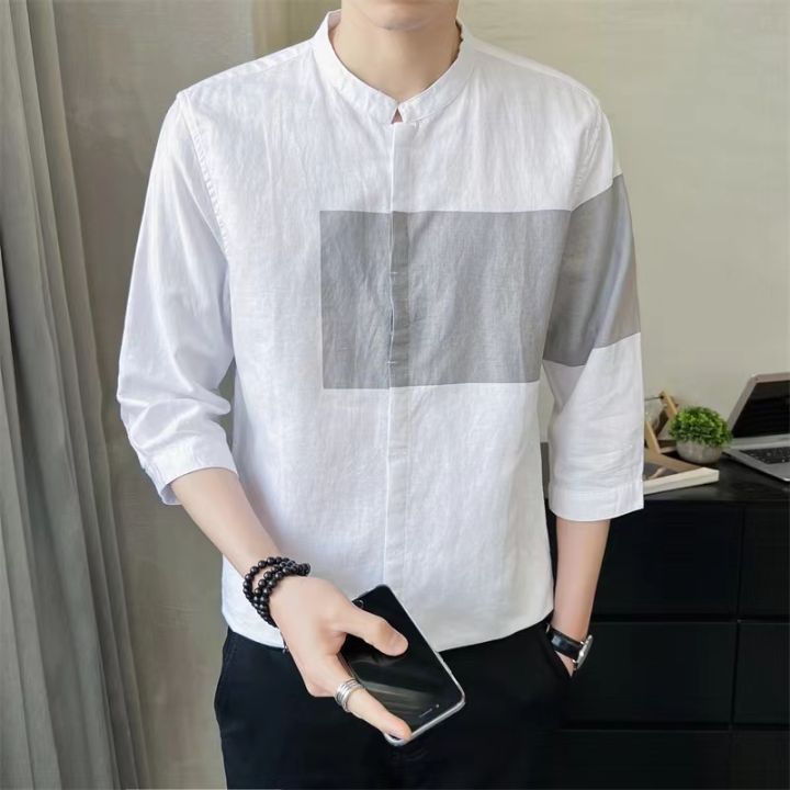 emw 3/4 sleeve chinese collor casual fashion mens button down