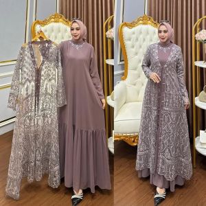 ANFAF - Dress Arimbi Set Outher 2IN1 Brokat Baju Lebaran Kekinian Busana Muslim Gamis Brukat Pesta Kondangan Terlaris Terbaru
