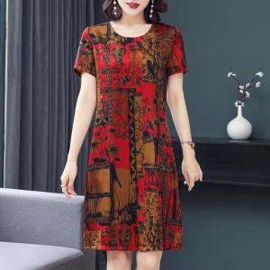 Dress for Women Fashion Printed Round Neck Ice Silk Midi Dress for Women Mom Plus Size Dress for Mom #COD