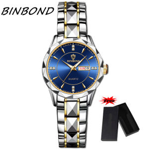 [Có hộp miễn phí] Đồng hồ nữ thời trang binbond thương hiệu sang trọng lịch kép Dây đeo bằng thép không gỉ mặt số Kim Cương lăng trụ dạ quang chống nước thời trang đồng hồ đeo tay thạch anh đồng hồ bằng vàng thường ngày b5552w