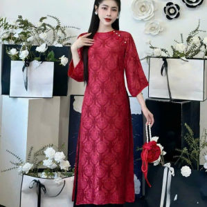 QC_ Áo dài dự tiệc nhẹ nhàngáo dài gấm hoa chìm set áo dài đi chùa mặc tết cách tân Gấm hoa 2 da cổ tròn 5 nút mix quần Tuyết Nhung