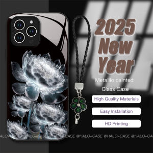 Case for iPhone 16 Pro Max 16Plus 15ProMax 14 13Pro 12ProMax 11 Glass Back Soft Frame Casing With Hanging rope 2025 NewYear Red Lotus flower