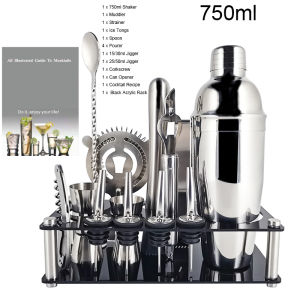 AREYOUCAN 15Pcs/set 550ml 750ml 750/600ml 800/600ml Boston Stainless Steel Cocktail Shaker Set Barware Set Shakers Bar Tools with Black Stand
