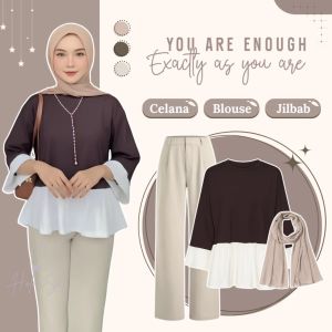 OOTD Hijab Casual Terbaru (Amelia Blouse - Celana Kulot - Pasmina) One Set Wanita Kekinian HO174N