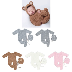 Baby Photography Props Suit Infant Bear Bonnet Long Sleeve Romper Newborn Photo Bodysuit Skin-Friendly Baby Photo Outfit