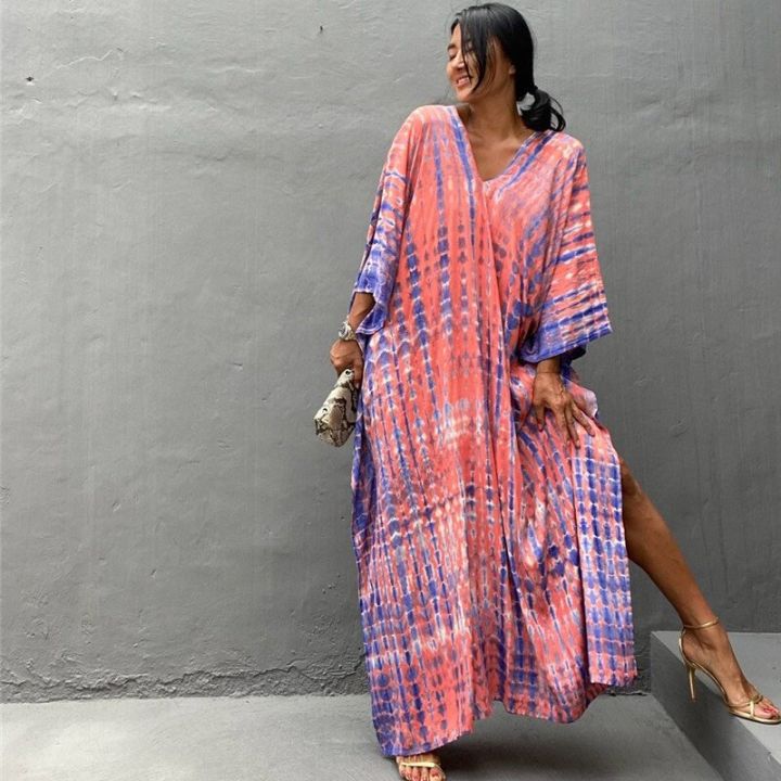 Tie Dye Kaftan Chic Contrast Color Long Dress Loose Fit Pink Maxi
