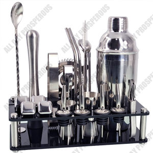 [Ready Stock]23Pcs/Set 750ml Stainless Steel Shaker Bar Set Liquor Red Wine Cocktail Wine Mixer Set Party Tool Bartender Gifts Bar Tools Wine Bottle Spoon Jigger Pourer Muddler Stopper Cocktail Shakers Boston Double Shaker With Black Stand