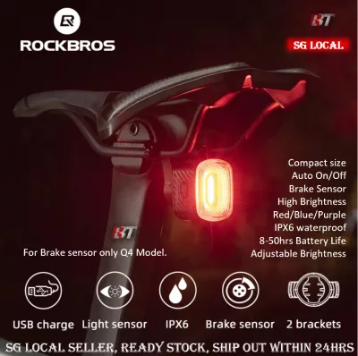 SG delivery ROCKBROS Bicycle Smart Auto Brake Sensing Light IPx6 Waterproof LED Charging Cycling Taillight Bike Rear Light bicycle Accessories usb rechargeable light Q2 rear light Q4 rear light