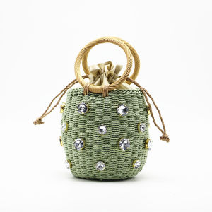 2026 New Handmade Rhinestone Crystal Embellished Straw Bag Straw Bucket Bags Lady Travel Purses Handbags  sac en paille femme2026