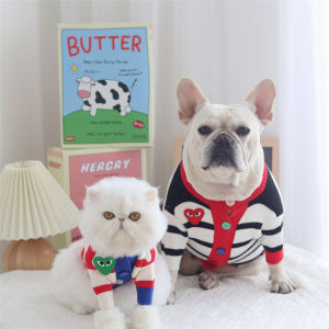 DY Loving Dog Clothes Fashion Brand Comme Logo Striped Sweater Cardigan Breathable Knitted Jacket with Button for Dog Cat Shih Tzu within 16 kg