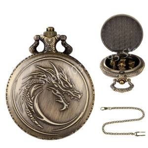 Dragon Pocket Watch Case with 7pcs Metal Polyhedral Dice jewelry case retro flip Dinosaur pocket watch case waist chain DND Dice