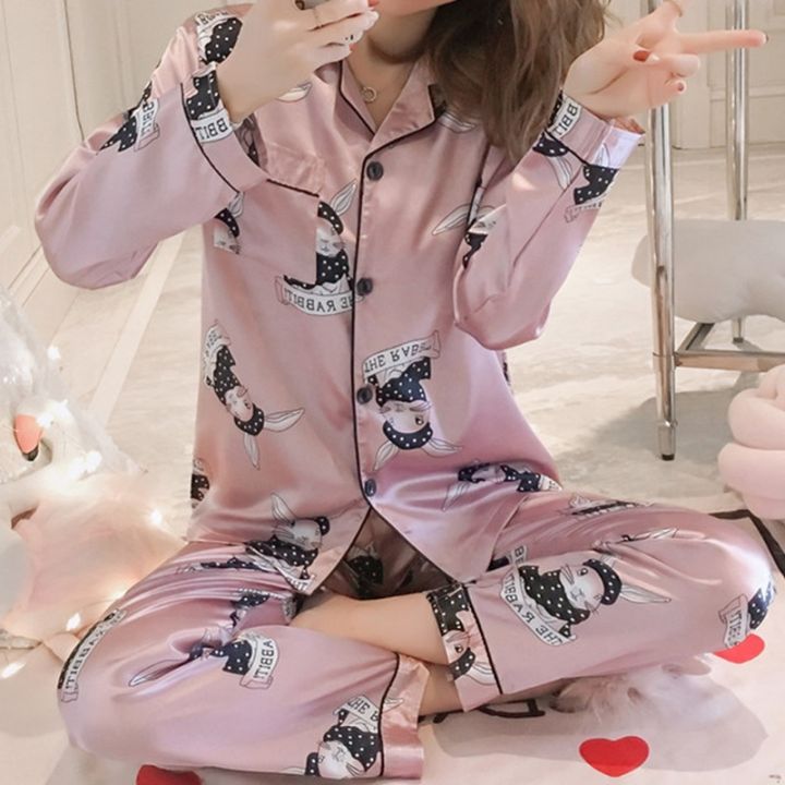 （personality Shop）2022 Satin Silk Pajamas Set Womenprinted Long Sleeve