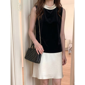 2026 New Summer Women Contrast Color Collar Velvet Blouse & SatinSkirt Two Piece Outfit