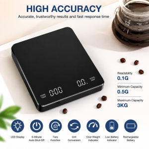 Digital Coffee Scale with Timer LED Screen USB 3kg Max.Weighing 0.1g High Precision Measures in Oz/ml/g Kitchen Scale