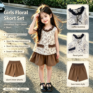 AILEBE Kids Sets Sleeveless Floral Top Skort Set Skort With Shorts Inside For Easy Movement Soft Breathable Quick Dry Polyester Summer Wear Cute Ruffled Two Tone Design OOTD Pambahay For Girls 1-14 Years