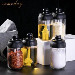 freemarketshop Condiment Glass with Spoon Transparent Kitchen Gadget Seasoning Bottle Spice Container Airtight Jar Seasoning Organizer
