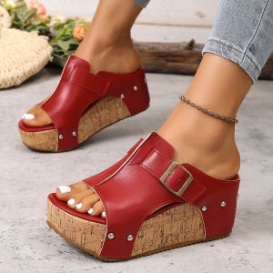 Free Shipping New Style Wedge Heel Sandals For Women 2026 Summer Collection Thick-Soled Open-Toe Sandals Plus-Size With A Single-Strap Design And Rivet Detailing