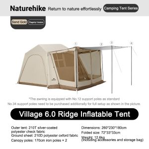 Naturehike Village 6.0 Camping Inflatable Tent Silver-Coated UPF50 PU3000+ Extra-Large Space Tent CNK2650WS037