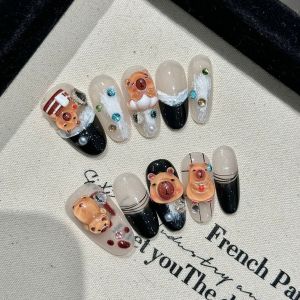100% HANDMADE Artificial Nail Cute Capybara Cat Eye Hand Drawing Medium Oval Fake Nails With Glue Phototherapy Nails Press On Nails Reusable Waterproof