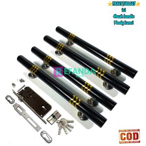 Set gagang pegangan pintu depan model kupu tarung dengan 4 handle panjang 33cm dan 45cm bahan stainless dilengkapi dengan 1 body kunci dan aksesoris.