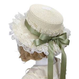 Victorian Straw Sun Hat With Lace Brims and Ribbon Bowknot For Women Fashion Anime Costume Bonnet Hat for Theme Event