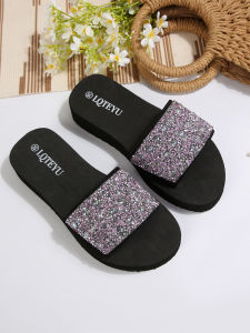 Free Shipping New Summer Sequin Wedge Heel Thick-Soled Home Slippers Beach Shoes WomenS Lightweight Breathable Casual Slippers
