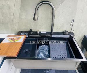 Chậu Rửa Bát 1 Hố Đa Năng 7 phím Inox Sus 304 Mạ Nano Vân Tổ Ong Liền Cụm Vòi Xả Thác Nước Mặt Kính Hiển Thị Nhiệt Độ Nóng Lạnh