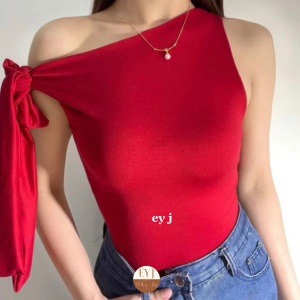 Juls One Side Tie Asymmetrical Off Shoulder Crop Top Double Lining Front Single Tie Sleeveless Basic Cotton Spandex Womenswear Comfortable Lady