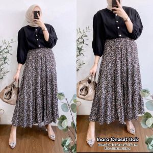 Zavika Set Rok -  One Set Wanita Kemeja Polo Linen Premium Lengan 7/8 Setelan Wanita Kekinian Rok Prisket Bunga LD 110 cm