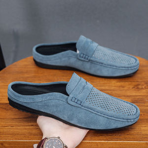 SOINK Half Shoes for Men Leather Loafers Shoes Korean Style Fashion Half Slippers 2025 New Summer Breathable Slip-on Flat Mules for Men Driving Moccasins Lightweight Bean Loafers