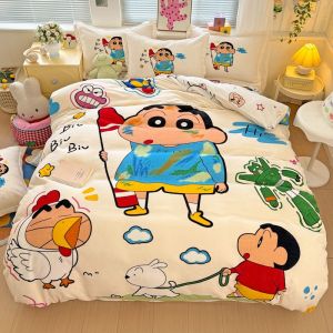 Dansunreve 3/4in1 Velvet Fitted Bed Sheet Set Crayon Shinchan Warm Thicken 四件套 Cartoon Quilt Cover Set Single Queen King Size Bedding Anime Pillowcase Kids Love