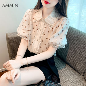 Ammin 2023 Thiết Kế Mới Cảm Giác cổ áo búp bê Polka Dot Ngắn Tay Áo voan thời trang phong cách Hàn Quốc Thanh Lịch Lỏng Lẻo Đa Năng tay áo Bong bóng in Chấm Bi Polka Tops