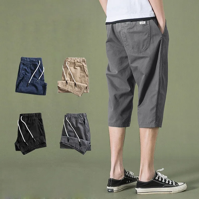 100% Cotton Three Quarter Pants Men Korean 3 Quarter Pants Casual