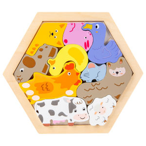 FU  Puzzle 3D Hexagon hewan Wooden Montessori Wooden Chunky Hexagon Puzzle Mencocokan Bentuk Karakter