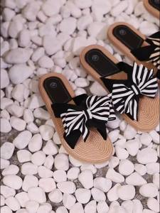 WomenS Flat Slippers With Rope And Straw Weave New Summer Outdoor Striped Bow Slippers For Outdoor Wear Flat Heel With Swallowtail Design