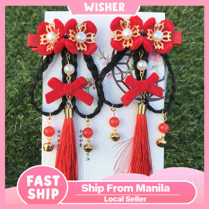 1 Pair Chinese Kids Red Hair Clips Girls Headdress Wig Braids Fashion Cute Fringe Hair Clips