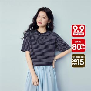 Giordano Women T-Shirt Bow 100% Cotton Embroidered Round Neck Short-Sleeve Pocket Striped Regular-Fit Slight Stretch Free Shipping 05326405
