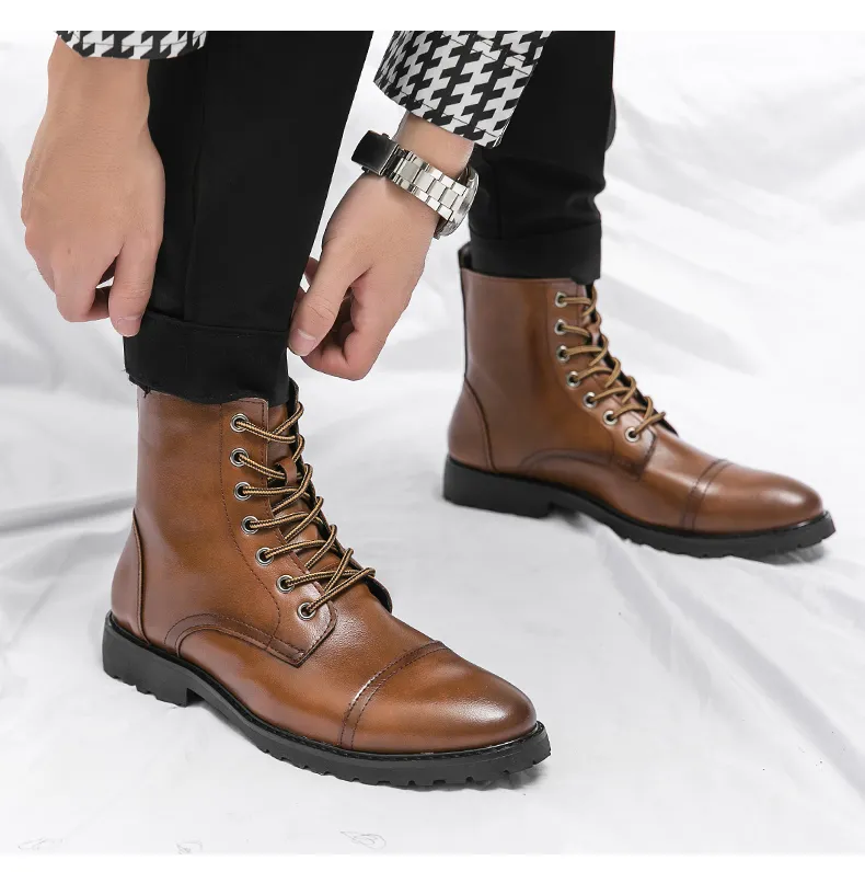 RUCHI Men Motorcycle Boots Leather Boots Lace-up Military Men's Boots  Pointed British Formal Men Ankle Boots Size 38-46