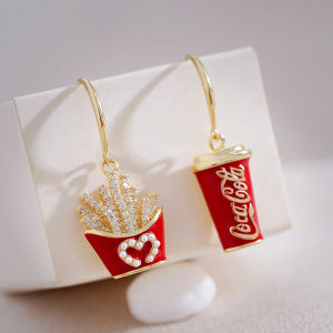 good 999 18K gold Fashion French fries and cola Asymmetry Temperament Earrings ES69617