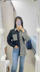 KEMEJA WANITA OVERSIZE SALUR KOMBINASI PUTIH HITAM 2736