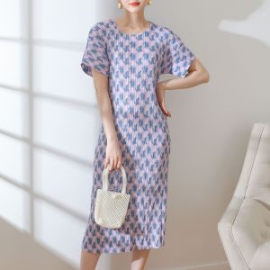 Miyake High-End Pleated Print French Puff Sleeve Dress #3734