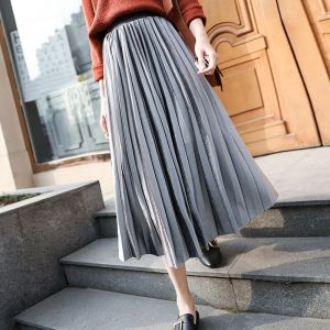 Gold Velvet Long Skirt Women Fall Winter 2020 Korean Pleated High Waist Casual Loose skirt Office Lady Clothes Bottoms Plus Size