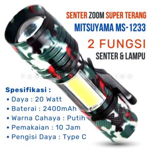 Senter ZOOM MITSUYAMA Ori MS-1233 20 Watt | 2400mAh Senter Police Super Terang Senter Sorot Tahan 10 Jam Waterproof Fast Charging Cas USB Type-C | Senter Mini Zoom | Senter Camping | Senter Lensa Zoom